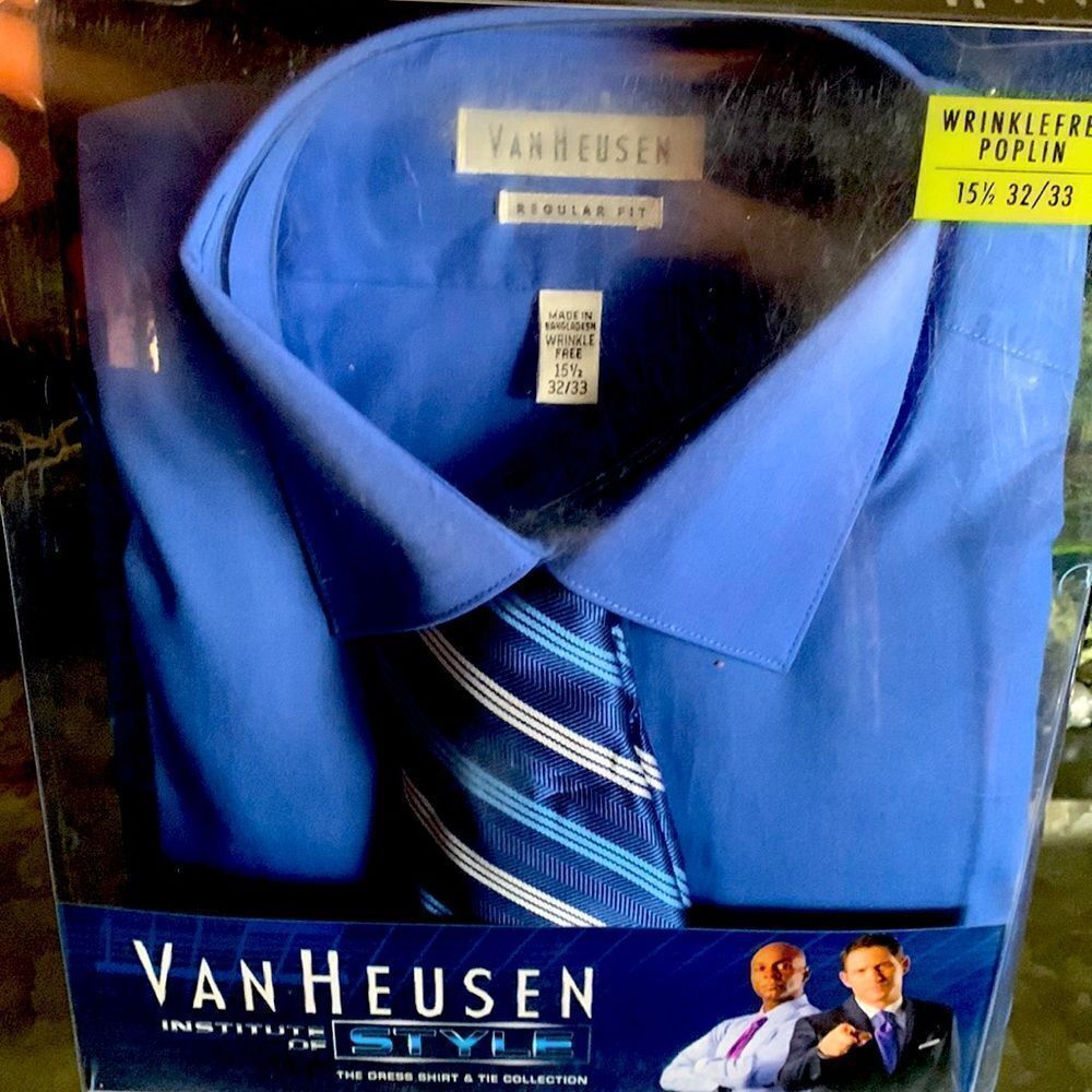 Van Heusen Dress Shirt & Tie Collection Set Wrinkle free blue